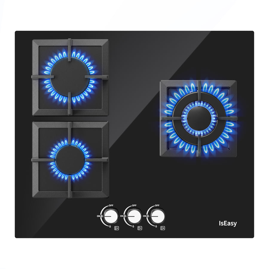 IsEasy 3-Burner Gas Hob, 24", 3300W/2700W/1750W, NG/Propane Convertible, Self-Sufficient Installation, Black Glass, 220-240V