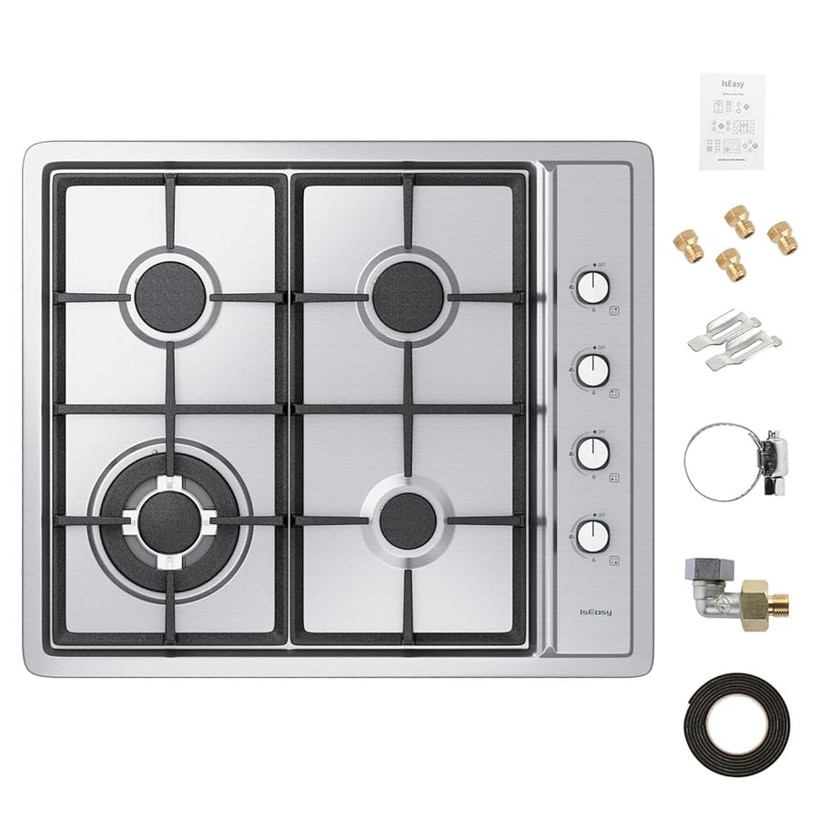 IsEasy 60 cm 4-Burner Stainless Steel Gas Hob | Reliable Heat for Family Meals.