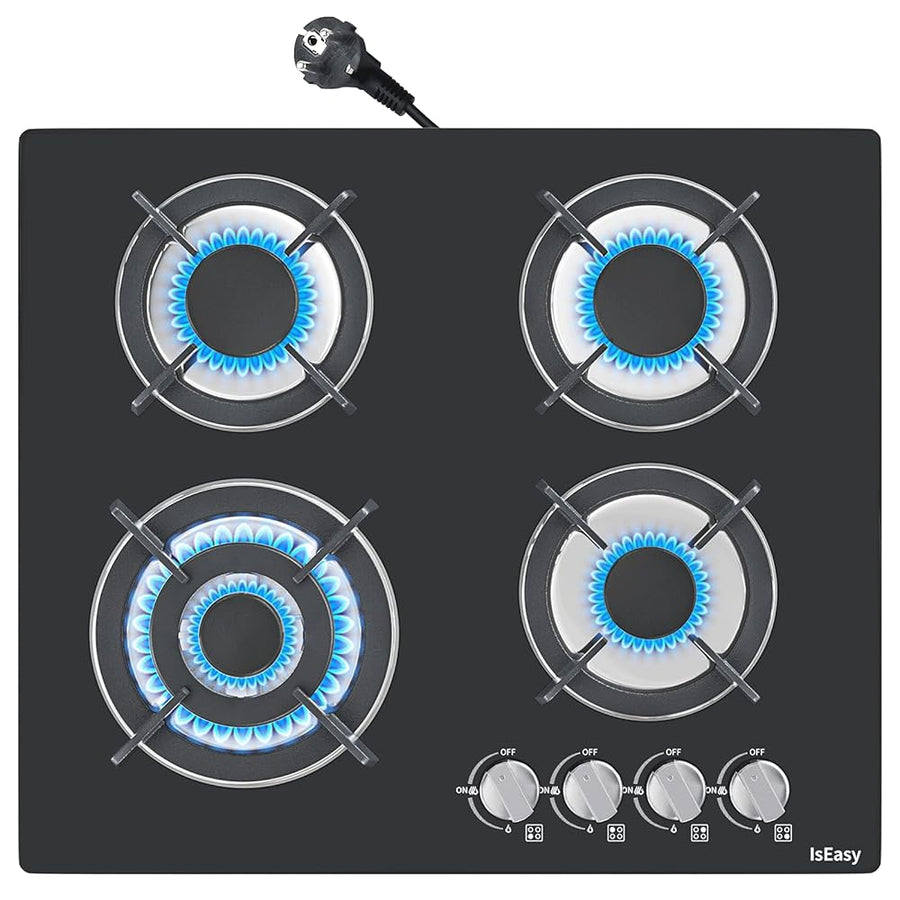 IsEasy 60 cm 4-Burner Glass Gas Hob | Sleek Control for Daily Cooking.