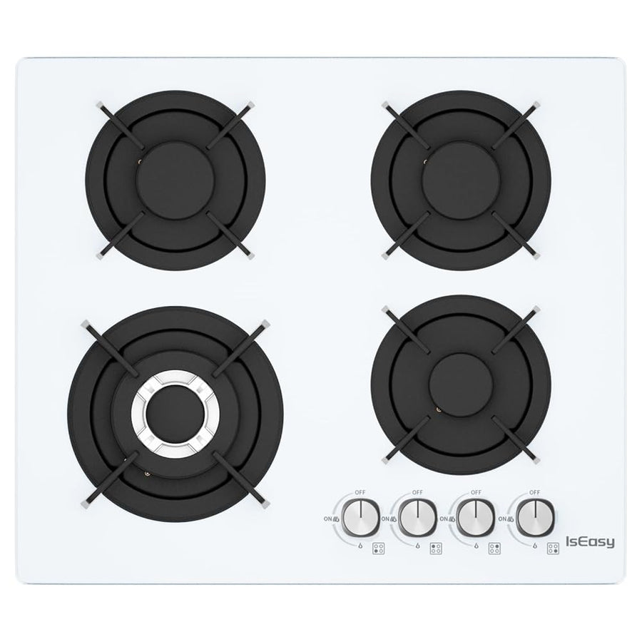 IsEasy 60 cm 4-Burner White Glass Gas Hob | Clean Design. Everyday Control.