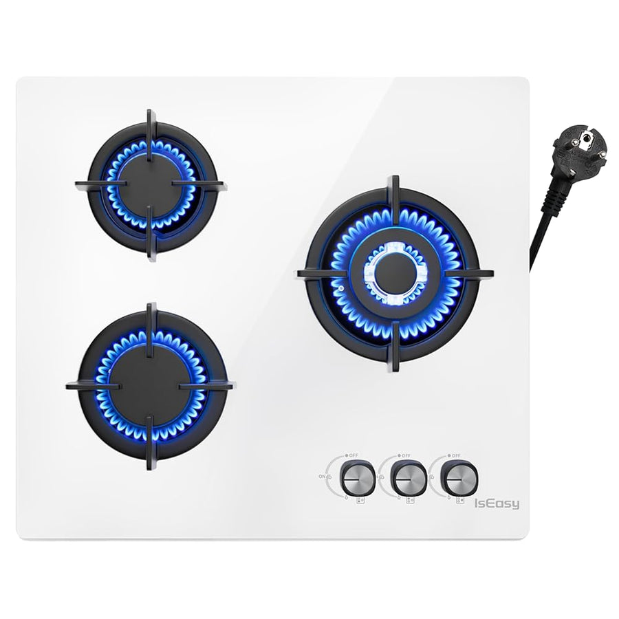 IsEasy 60 cm 3-Burner White Glass Gas Hob | Balanced Heat for Everyday Cooking.