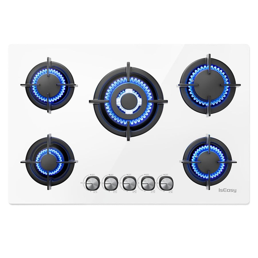 IsEasy 77 cm 5-Burner White Glass Gas Hob | Spacious Cooking with Clean Style.