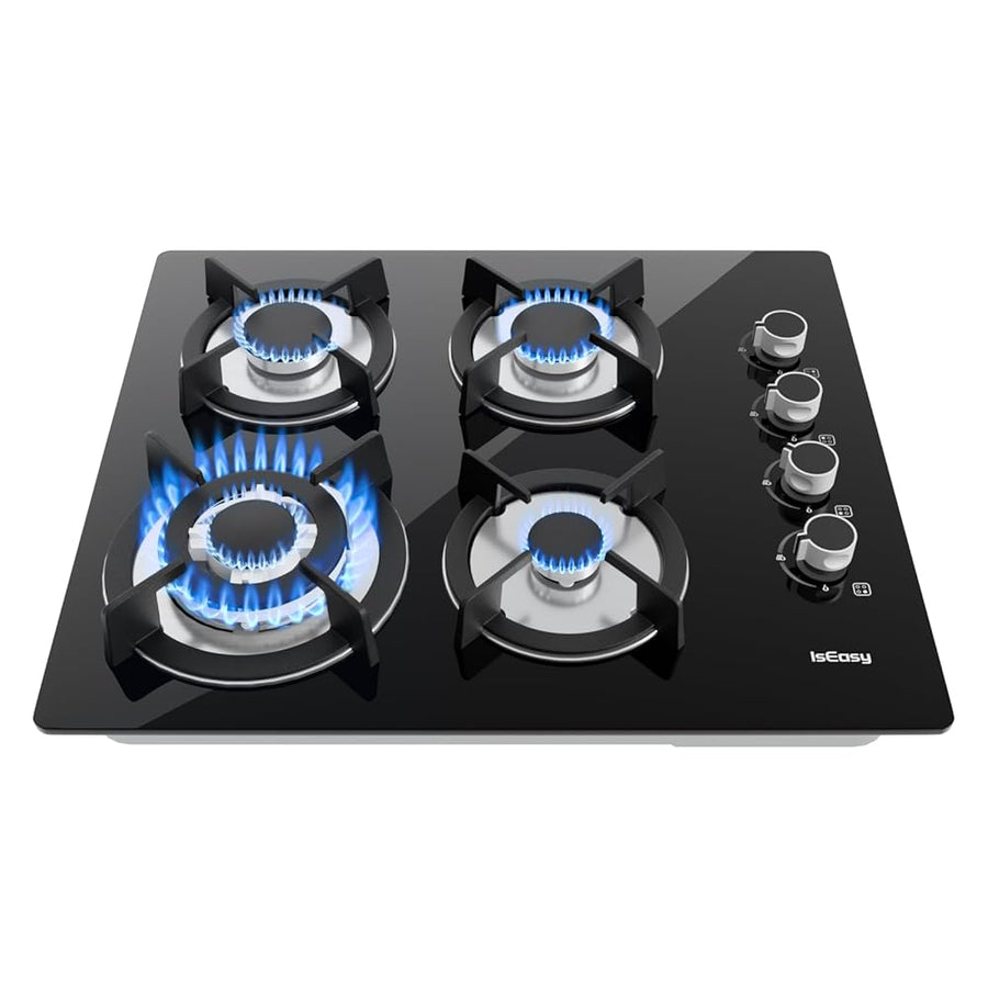 IsEasy 7800W 4-Burner Black Glass Gas Hob | Sleek Power for Everyday Cooking.